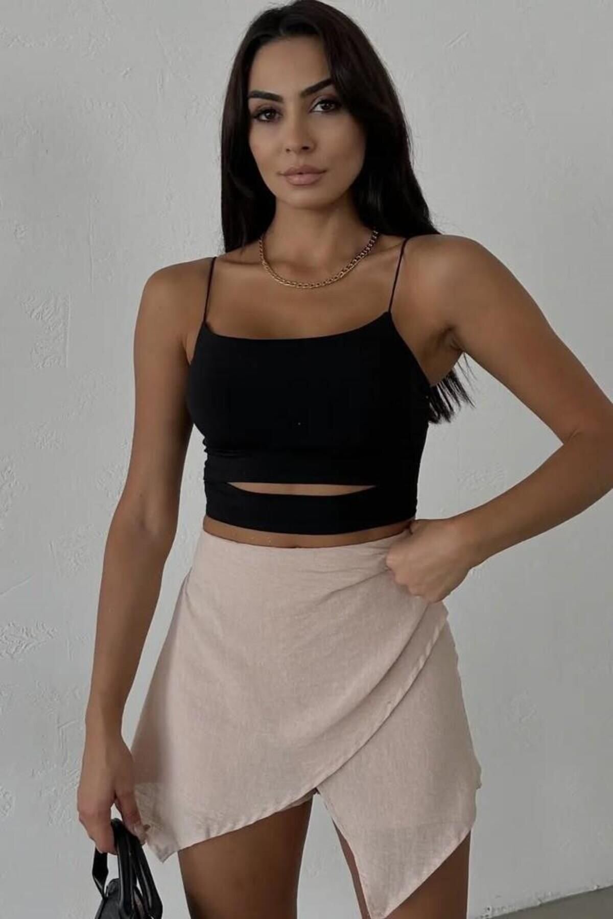 Beige Mini Linen Draped Detail High Waist Slim Zippered Chic Trendy Summer Skort - Baby Xclub