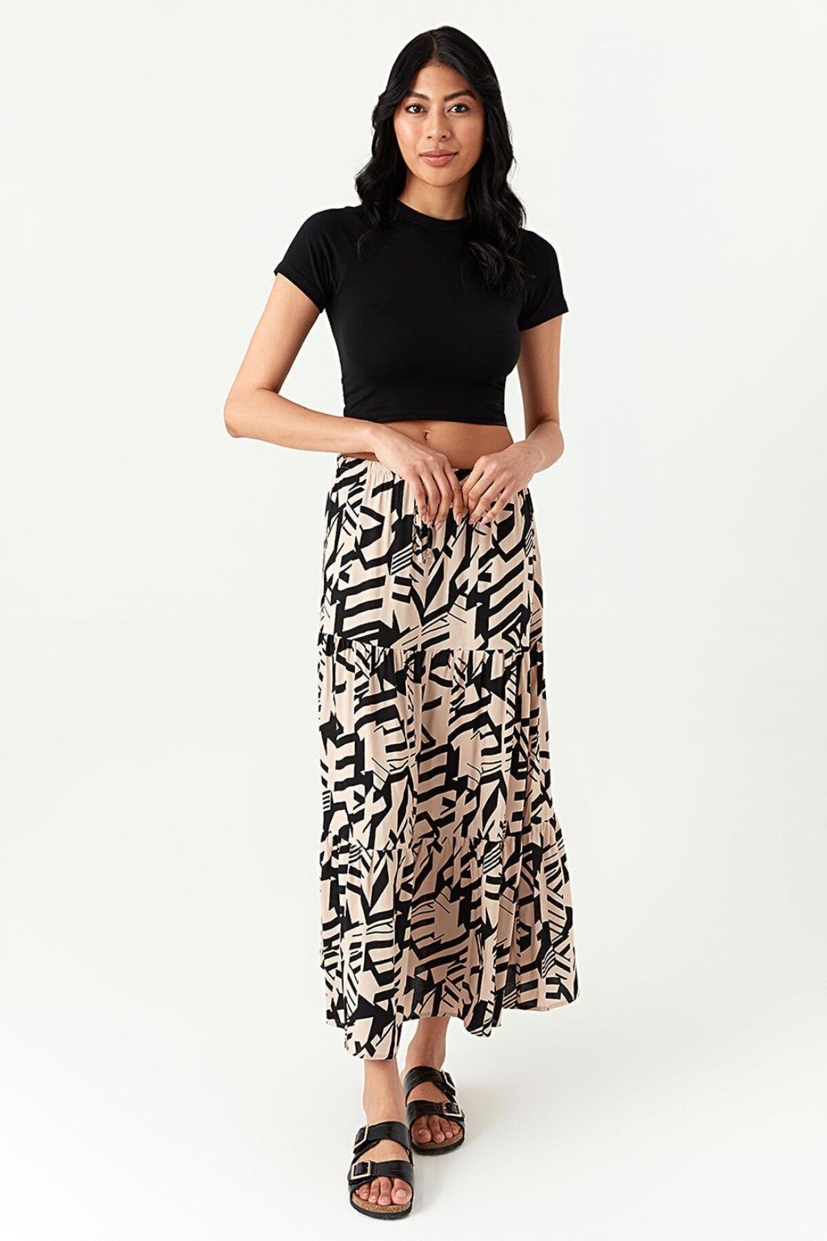 تنورة بيج طويلة بنقوش هندسية - Select Moda