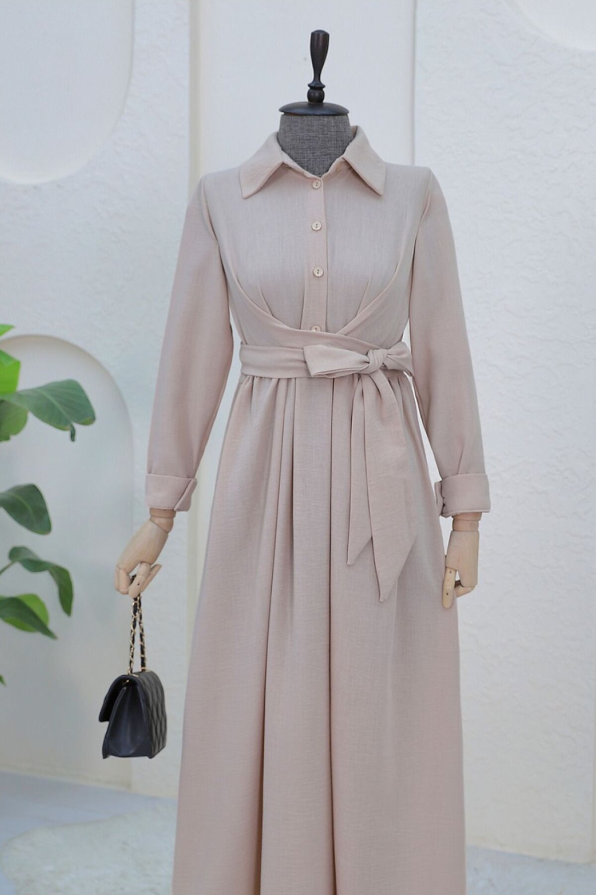 Beige Half-Buttoned Cross-Tie Front Linen Modest Dress - HİJABAYA