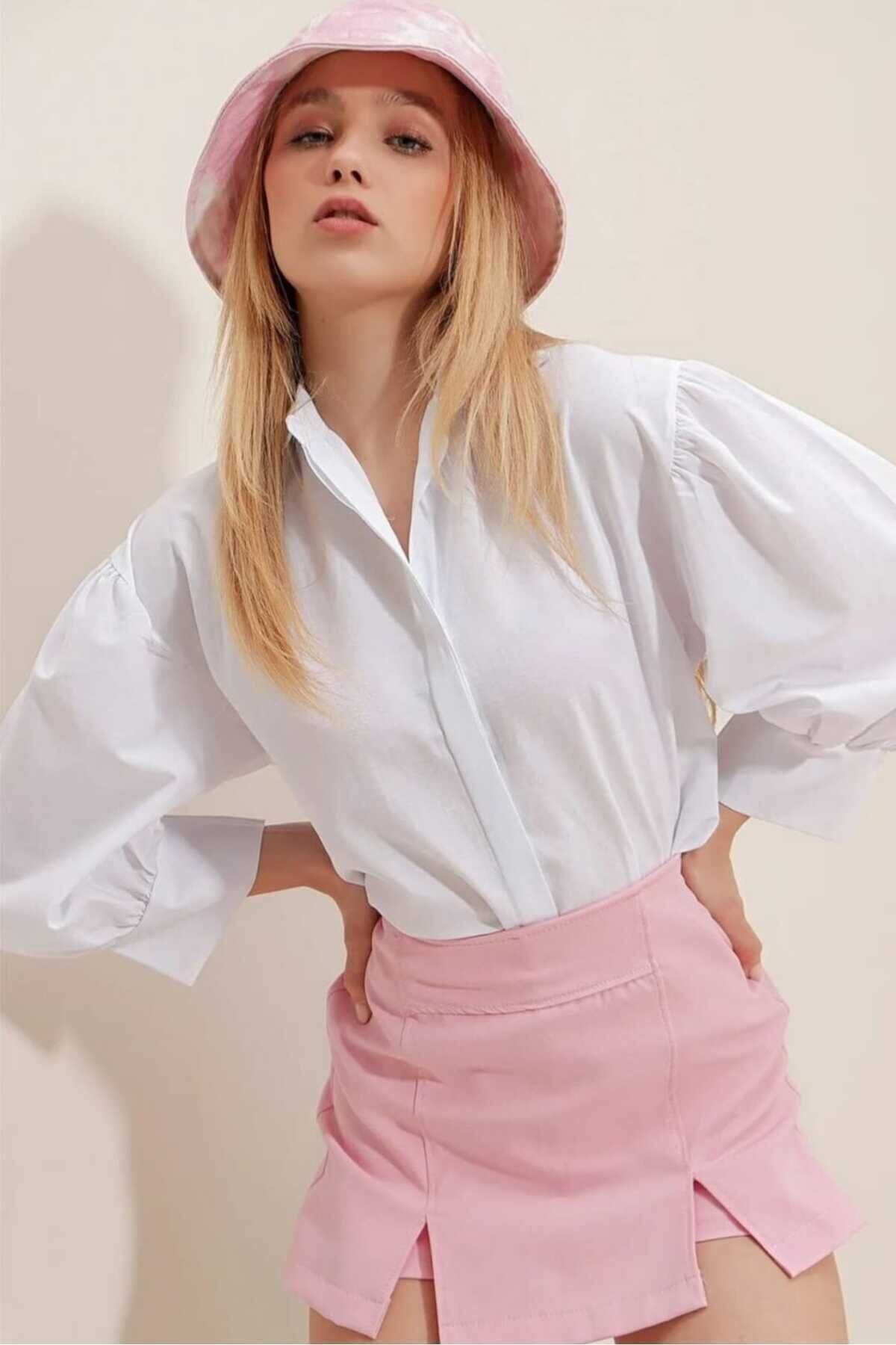 Beyaz Balon Kol Gizli Patlı Basic Poplin Gömlek - Genel Markalar