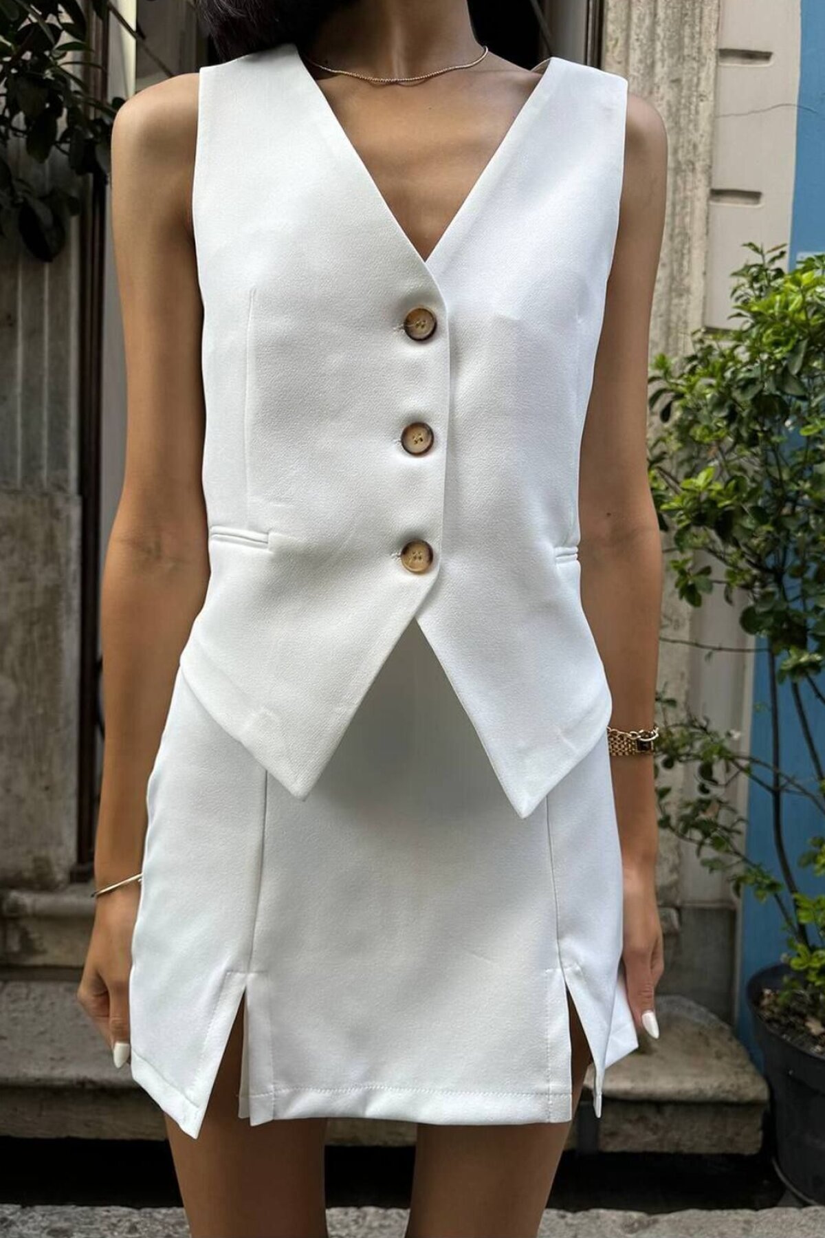 White Double Fabric Vest - İLKCET MODA