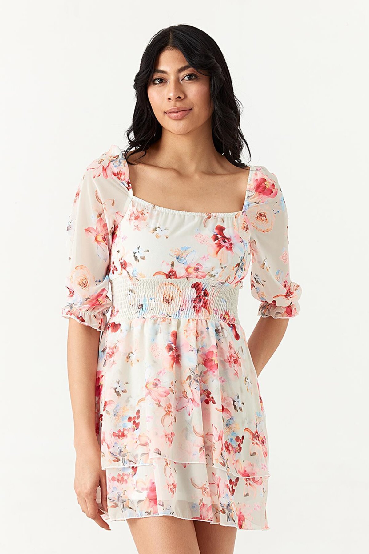 Beyaz Mini Çiçek Desenli Kare Yaka Şifon Elbise - Select Moda