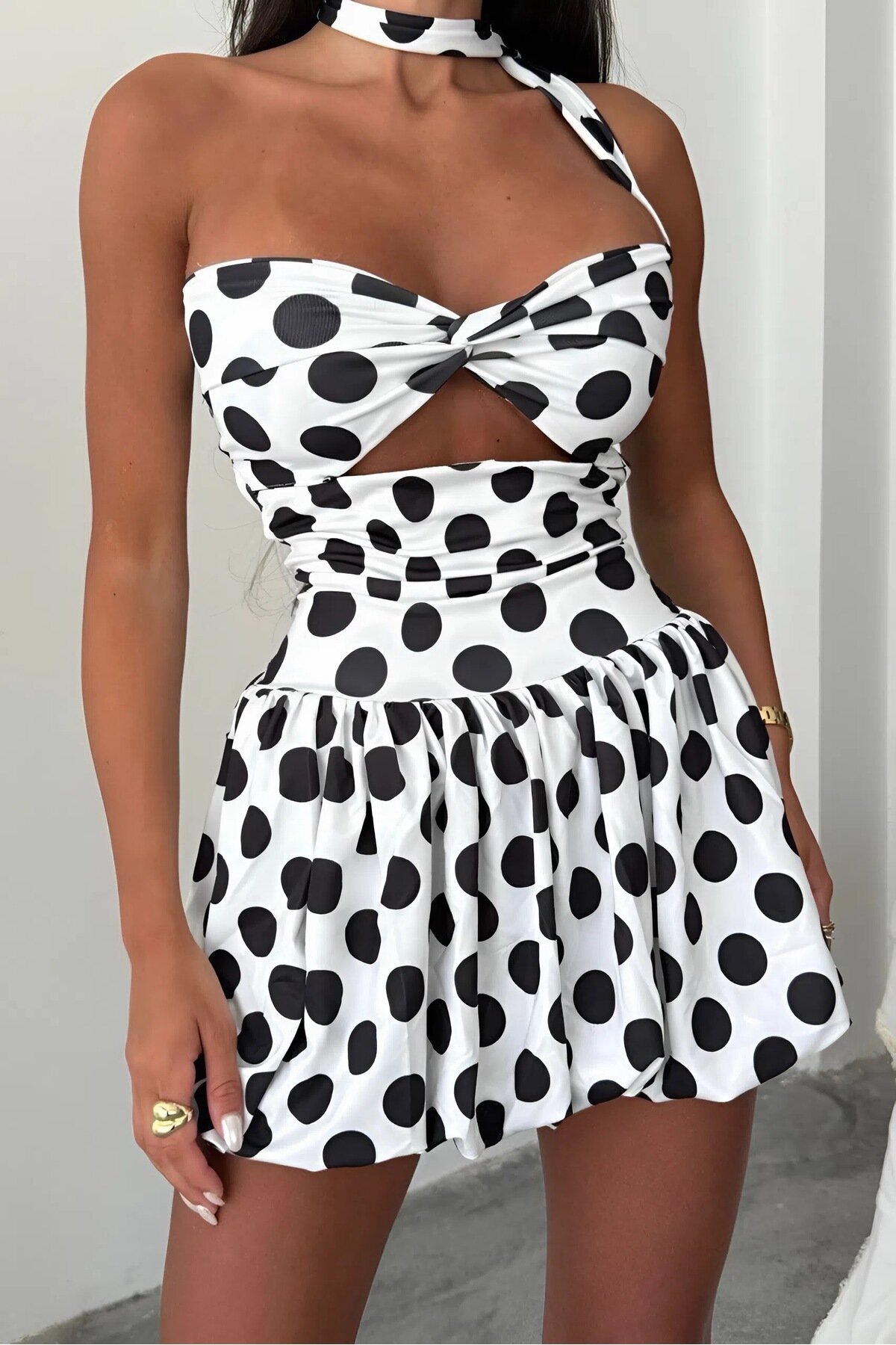 Beyaz Mini Puanlı Kloş Elbise - Baby Xclub
