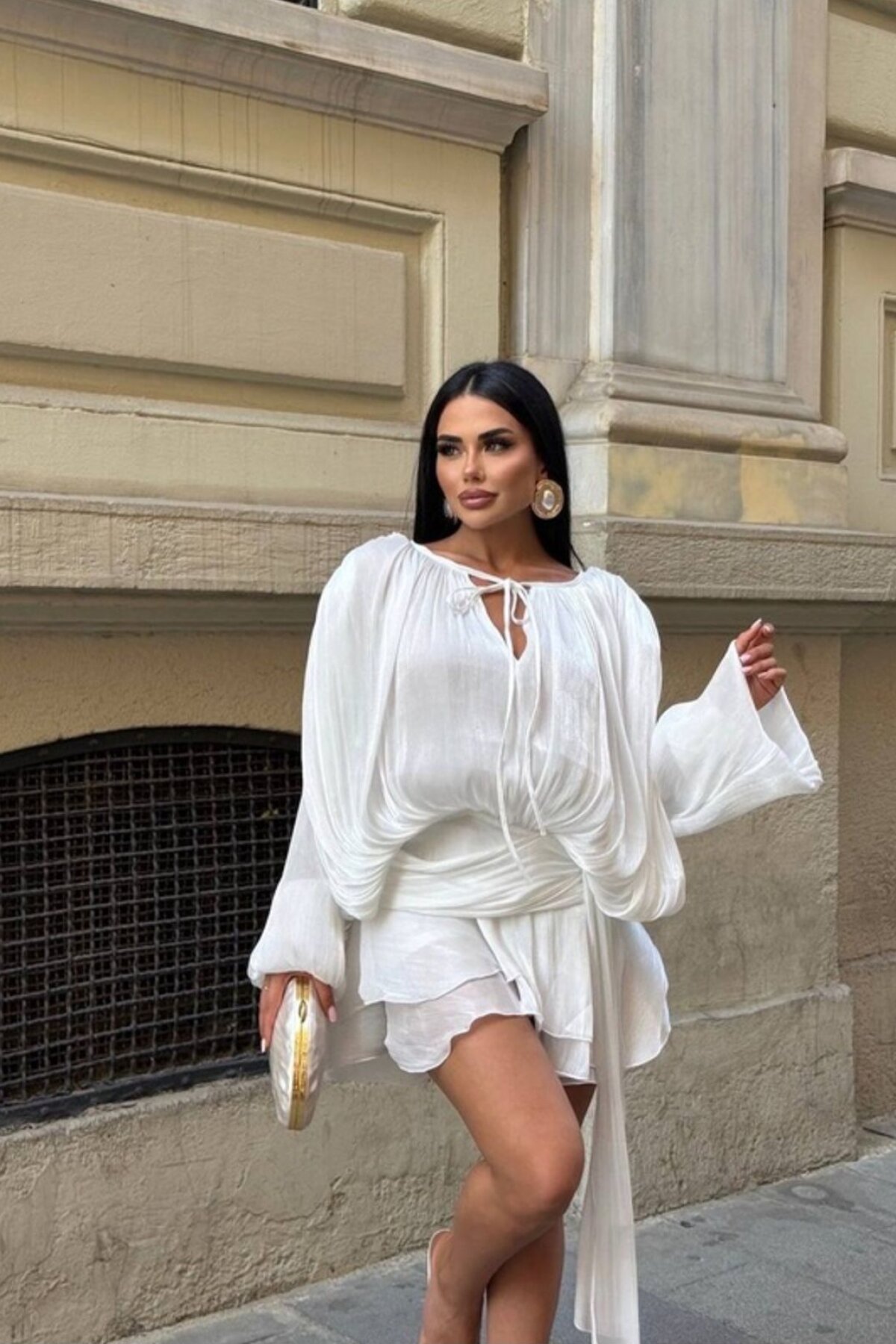 White Mini Draped Ruffled Belt-Detailed Long-Sleeved Chiffon Dress - VİSKALİ