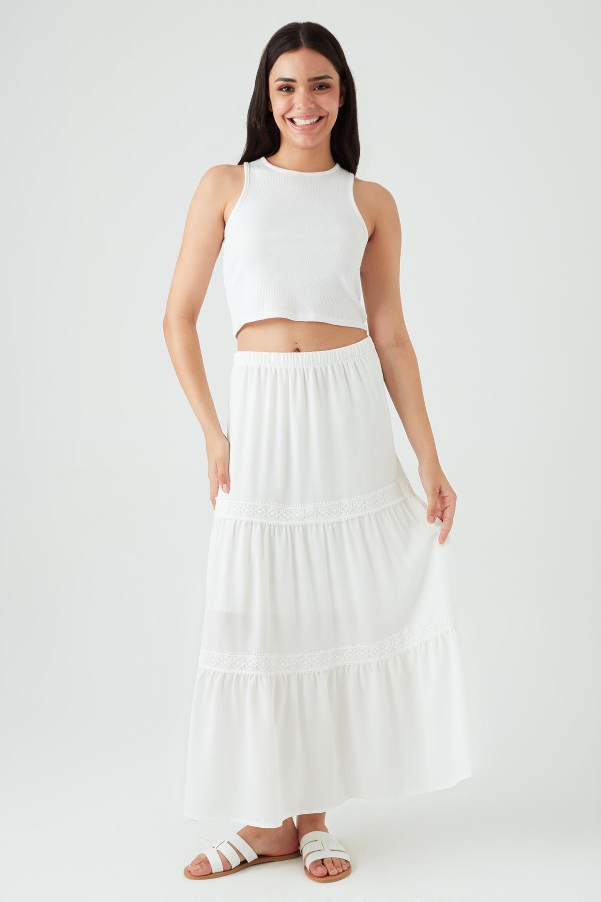 White Long Lace Detailed Skirt - Select Moda