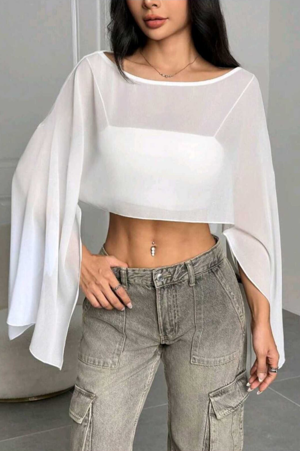 Beyaz Yarasa Kollu Dökümlü Crop Tül Bluz - Charango