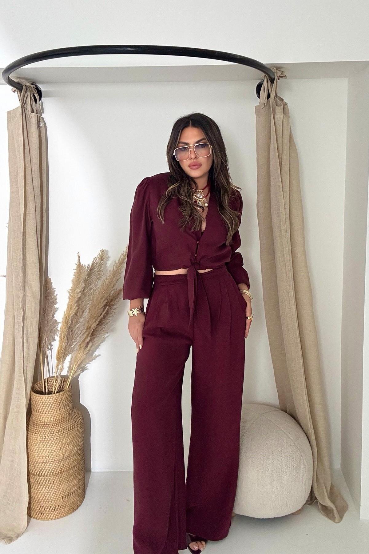 Bordo Bağlamalı Karpuz Kol Crop Pantolon İkili Takım - Sohotique By P