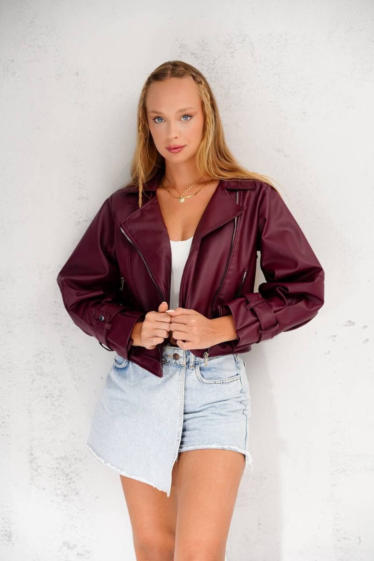 جاكيت جلد عنابي فضفاض بأكمام بالون - İLKCET MODA