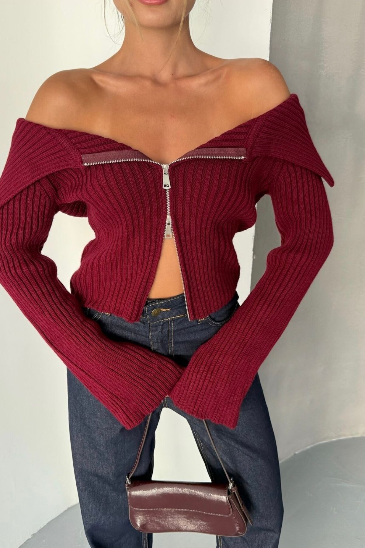 Bordo Çift Fermuarlı Madonna Yaka Triko Hırka - İLKCET MODA