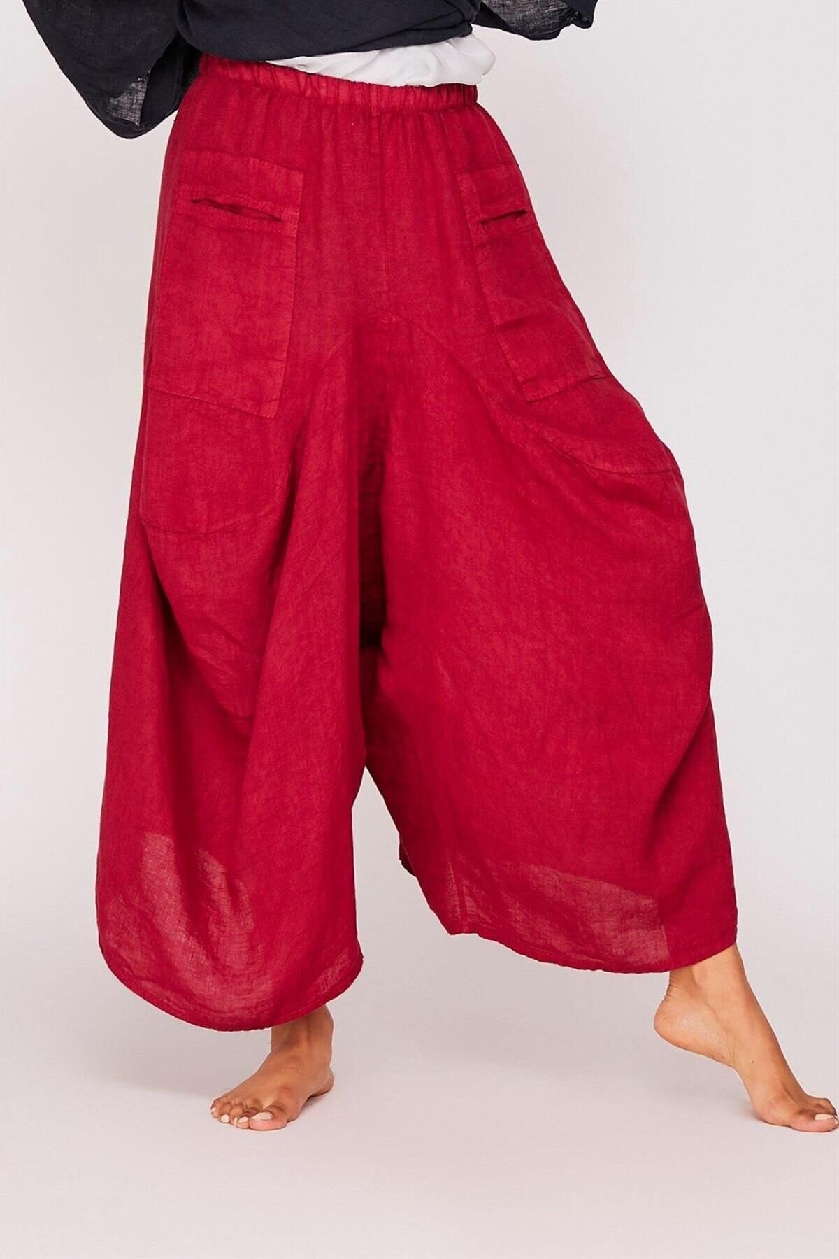Bordo İtalyan Cepli Keten Şalvar Pantolon - EREN STYLE