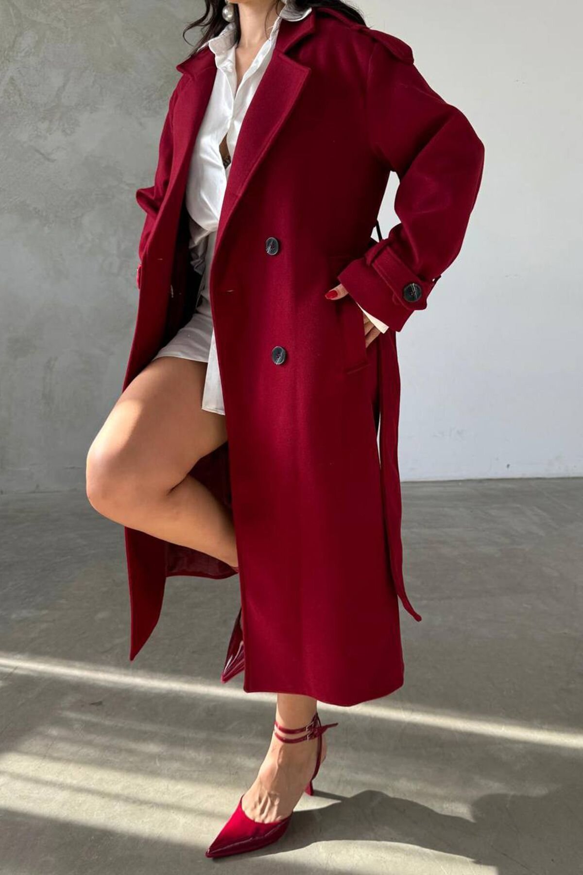 Bordo İthal Kumaş Kaşe Kaban - XXL BUTİK