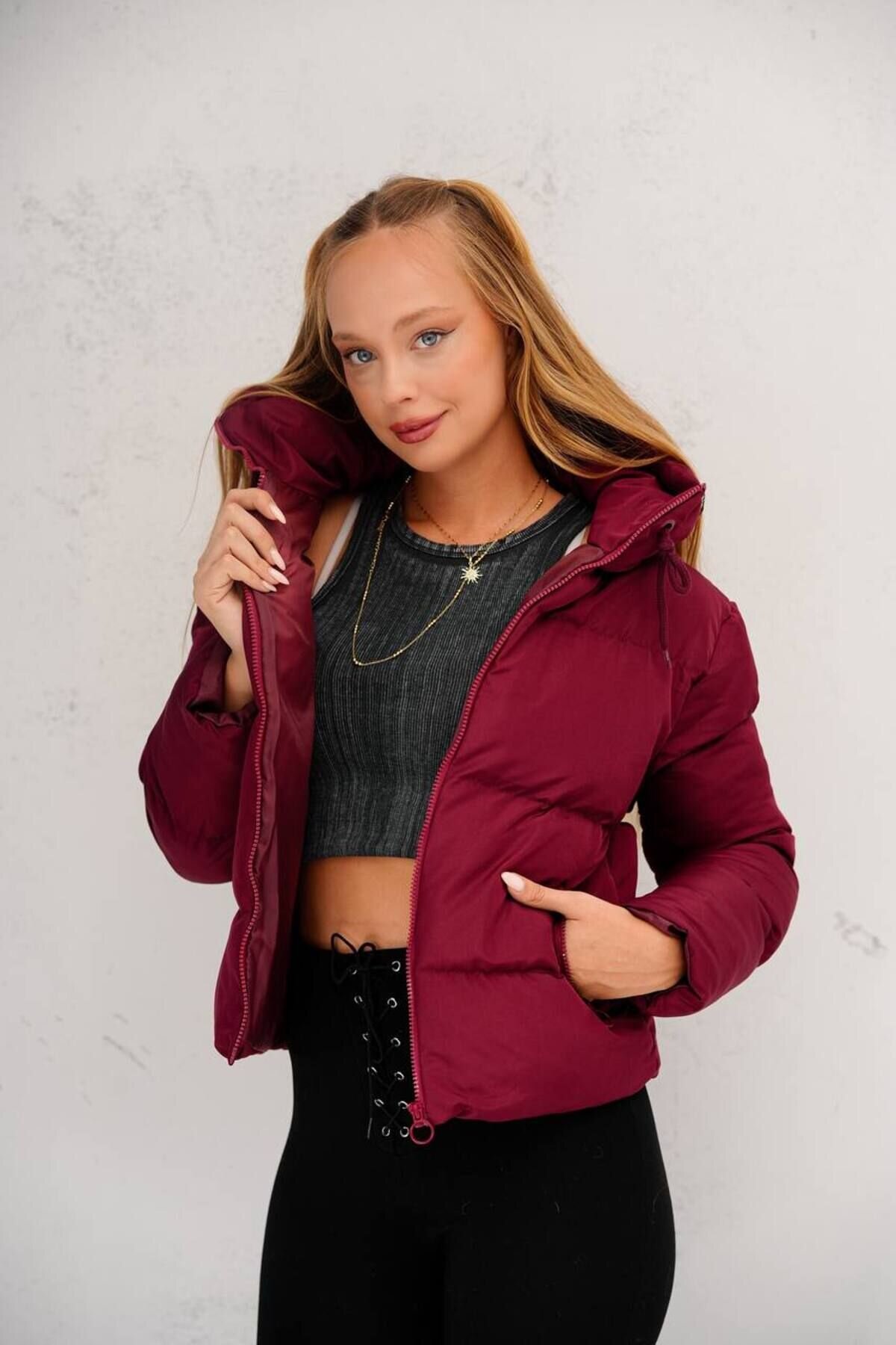 Bordo Kısa Kapüşonlu Regular Mont - İLKCET MODA