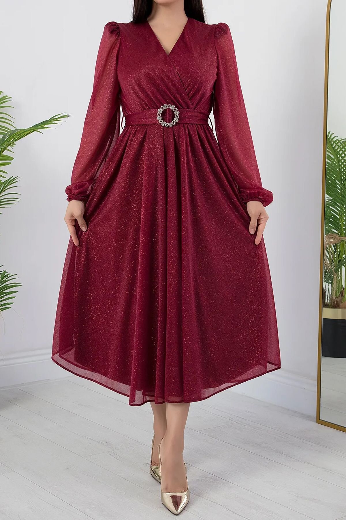 Bordo Midi Kruvaze Simli Elbise - XXL BUTİK