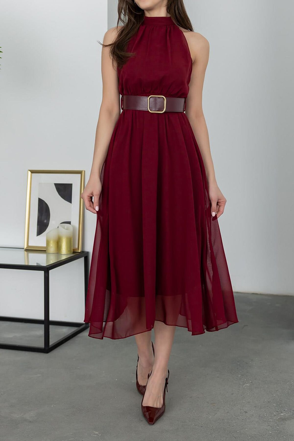 Bordo Midi Sıfır Kol Kemerli Şifon Elbise - XXL BUTİK