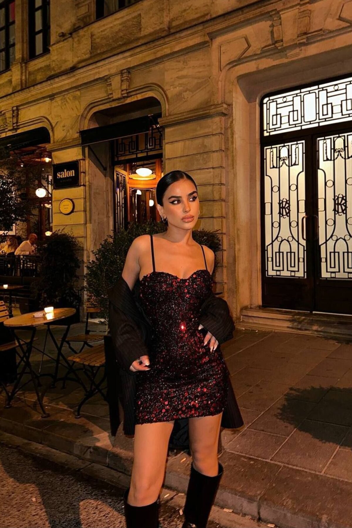 Bordo Mini İp Askılı Payetli Abiye Elbise - OlaLady