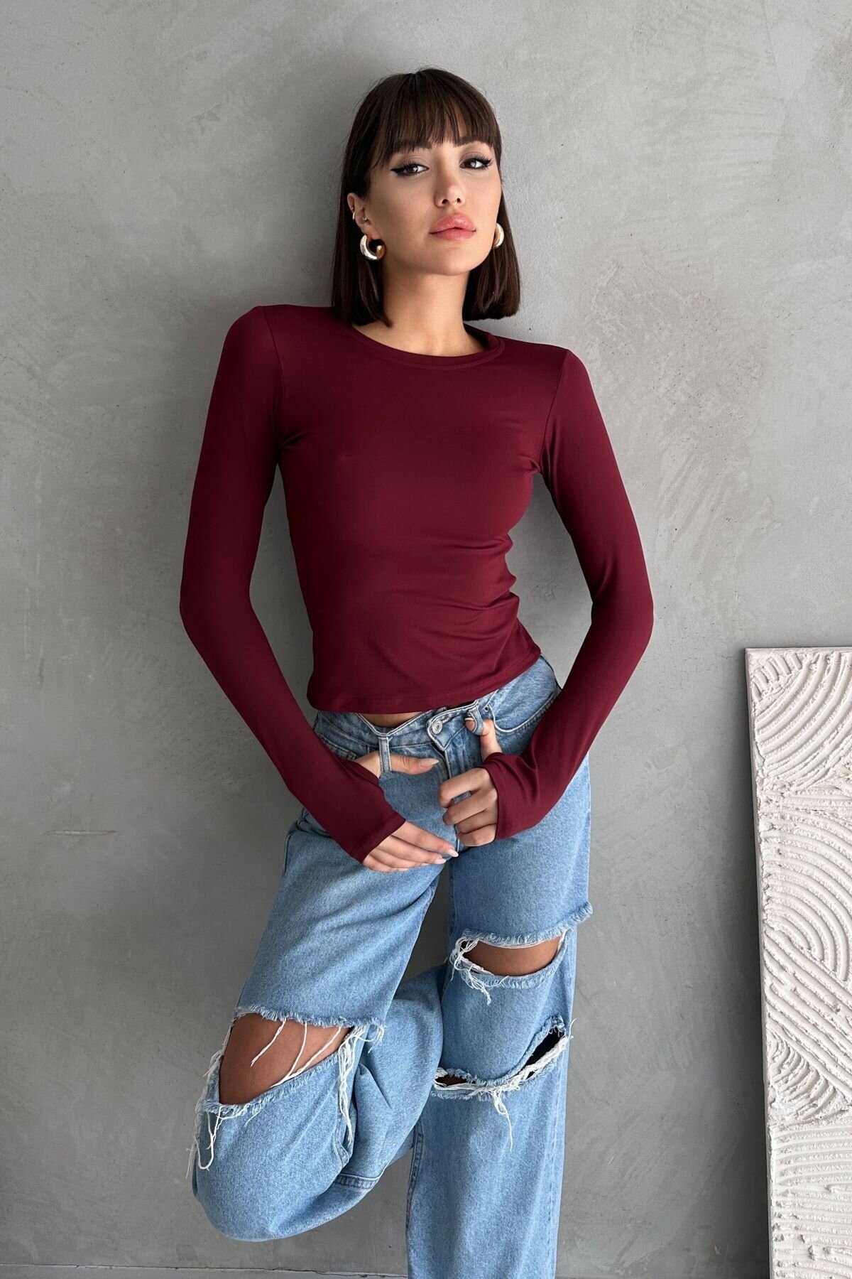 Bordo Modal Kumaş Parmak Geçirmeli Body - Rabi Shine