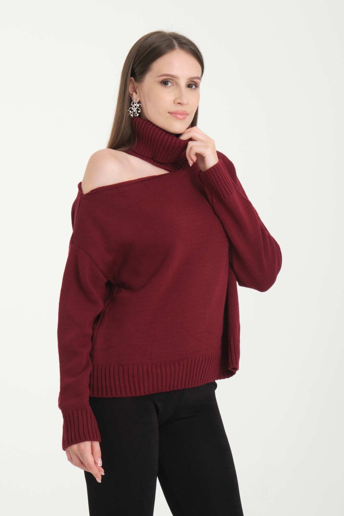 Bordo Omuz Detay Boğazlı Oversize Kazak - İLKCET MODA