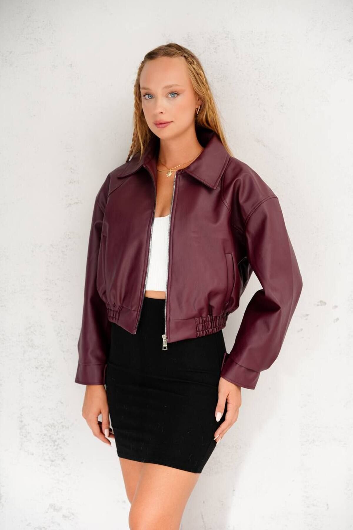 Bordo Oversize Bomber Suni Deri Ceket - İLKCET MODA