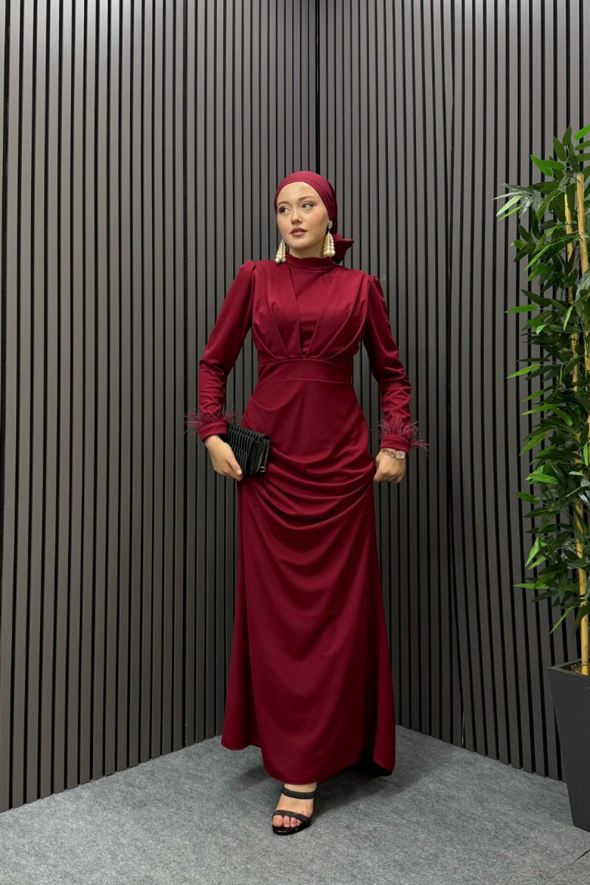 Burgundy Zeyna Feathered Sleeve Modest Evening Dress - Ensa Tesettür