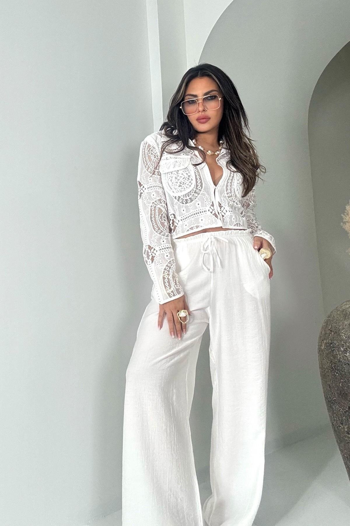 Ekru Büzgü Bel Lastikli Krinkle Pantolon - Sohotique By P