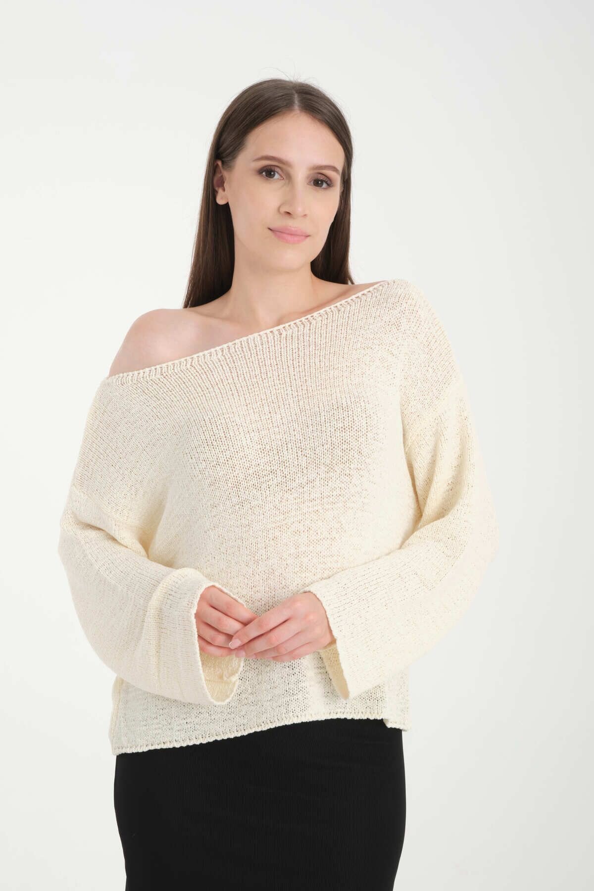 Ekru Düşük Omuz Oversize Kazak - İLKCET MODA