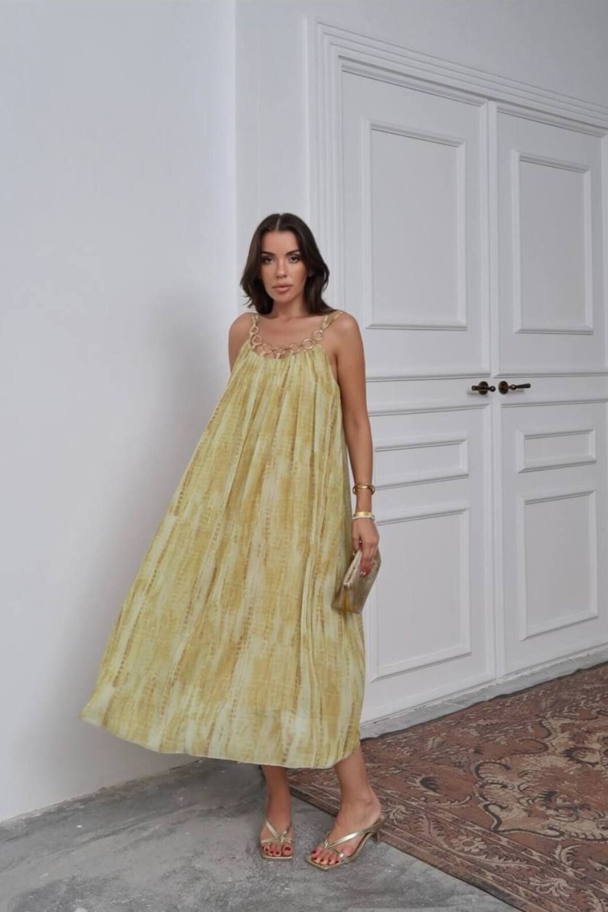 Pistachio Green Midi Strappy Loose Dress with Ring Detail - İLKCET MODA