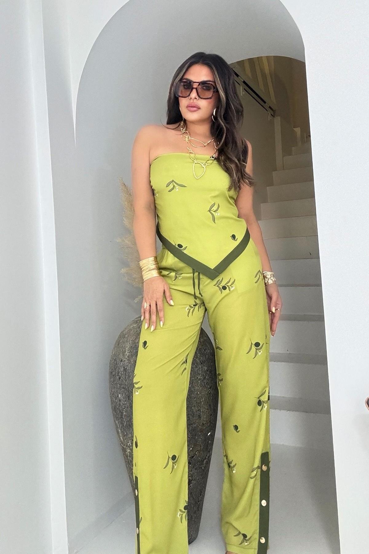 Fıstık Yeşili Arkası Bağlamalı Şal Model Bluz Pantolon İkili Takım - Sohotique By P