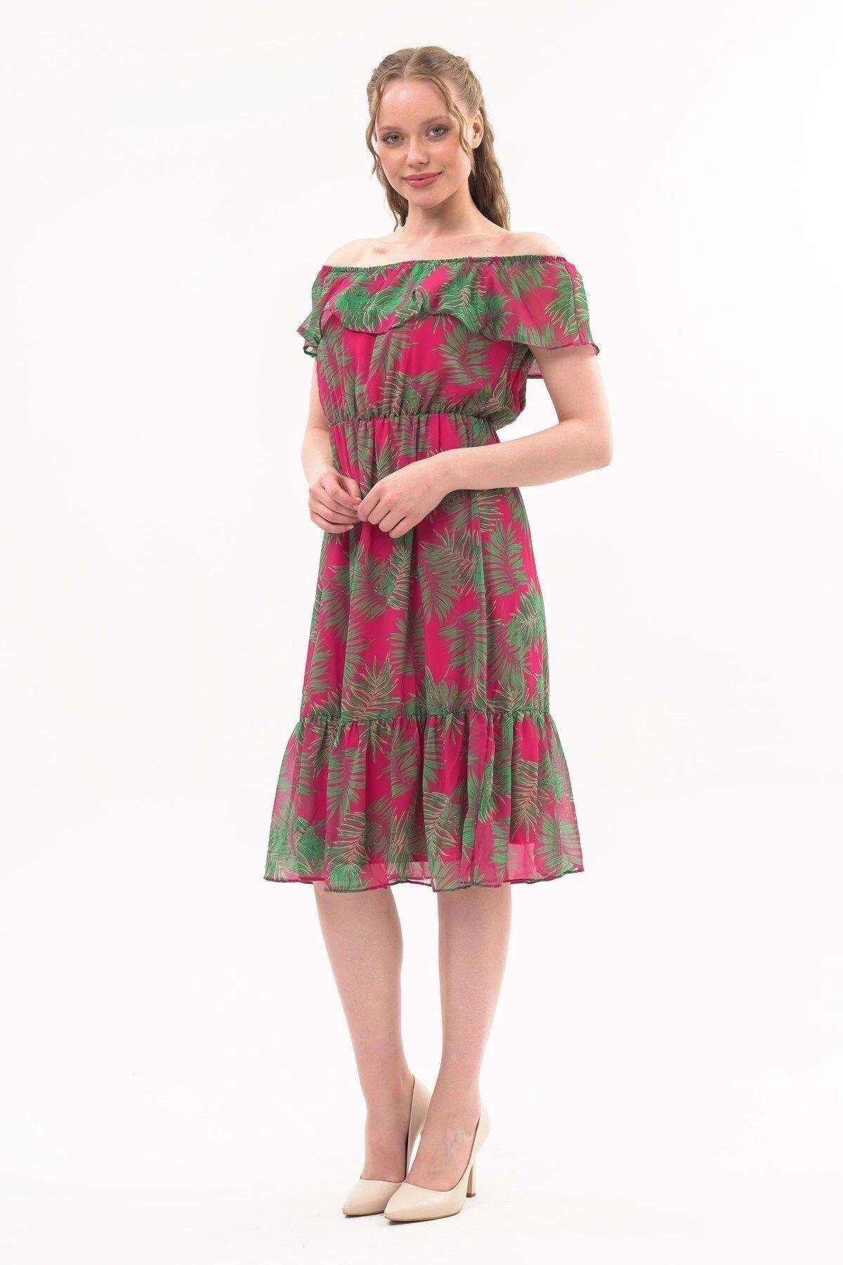 فستان شيفون مورد ميدي برقبة مادونا باللون الفوشيا - APSEN