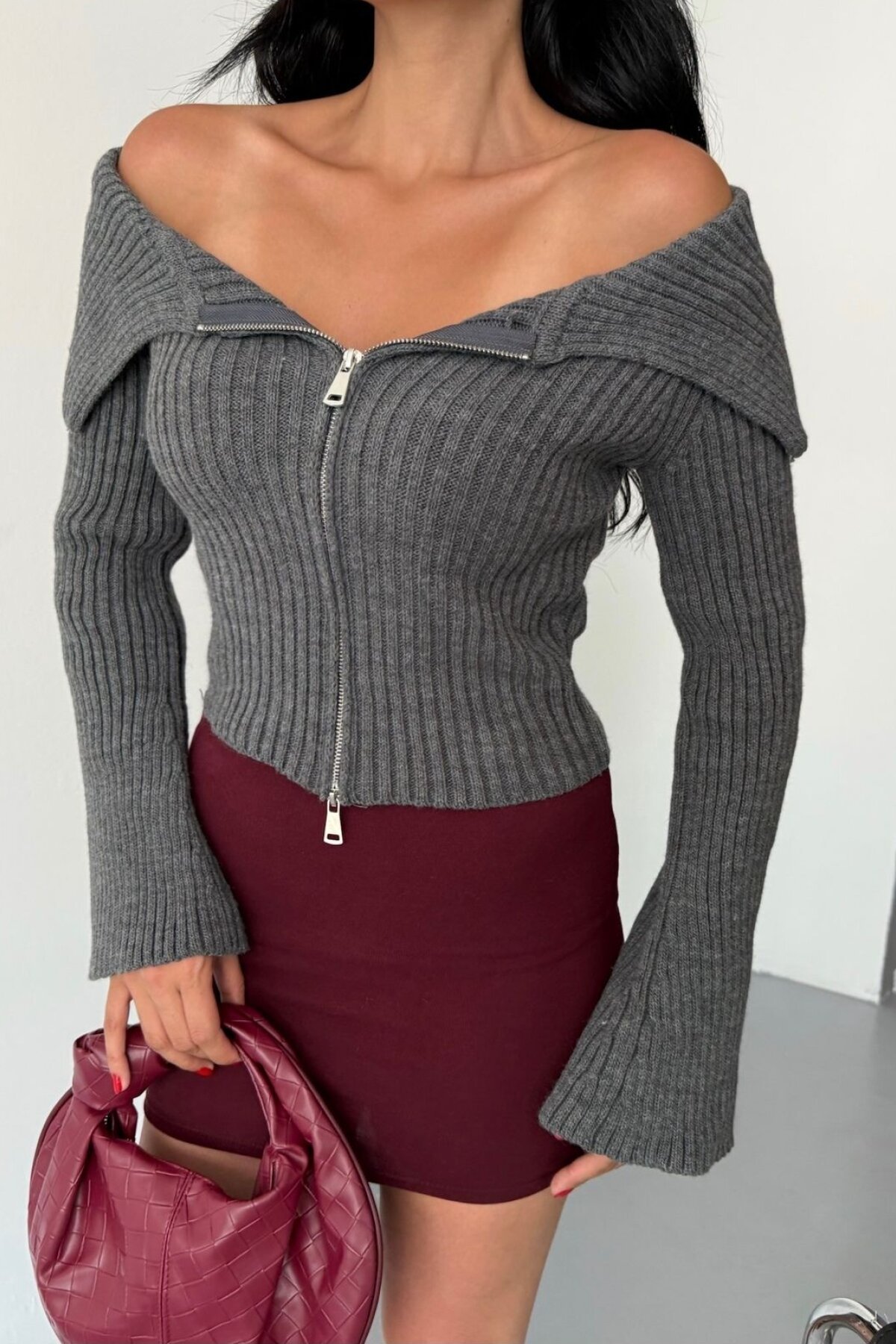 كارديجان تريكو بياقة مادونا وسحاب مزدوج رمادي - İLKCET MODA