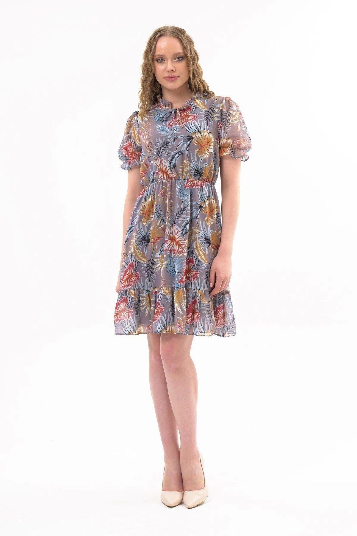 Gray Mini Ruffled Tie-Neck Chiffon Dress - APSEN