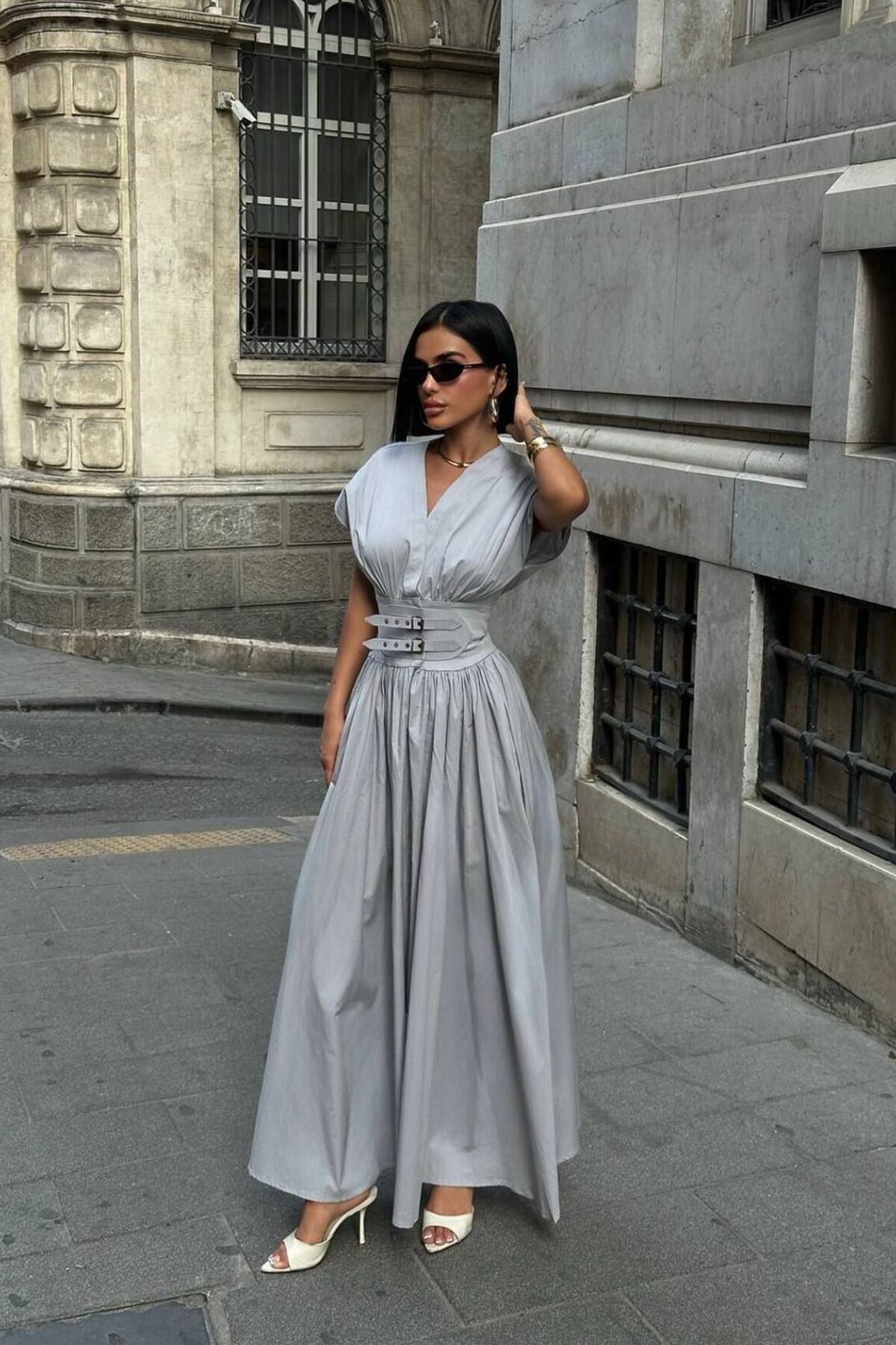Grey V-Neck Short-Sleeved Evening Dress with Long Sash Detail - VİSKALİ