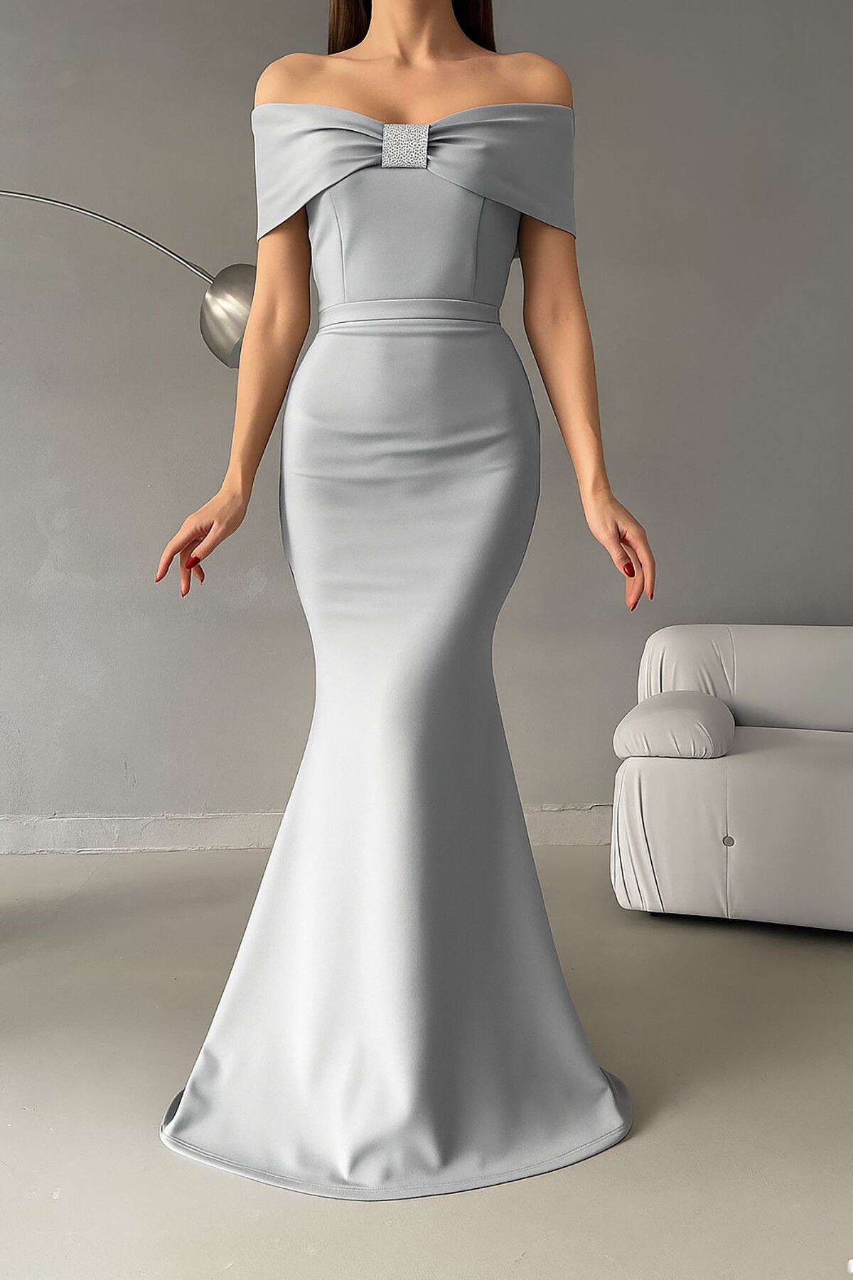 Grey Long Madonna Collar Stone Detail Scuba Fabric Mermaid Evening Dress - Deafox