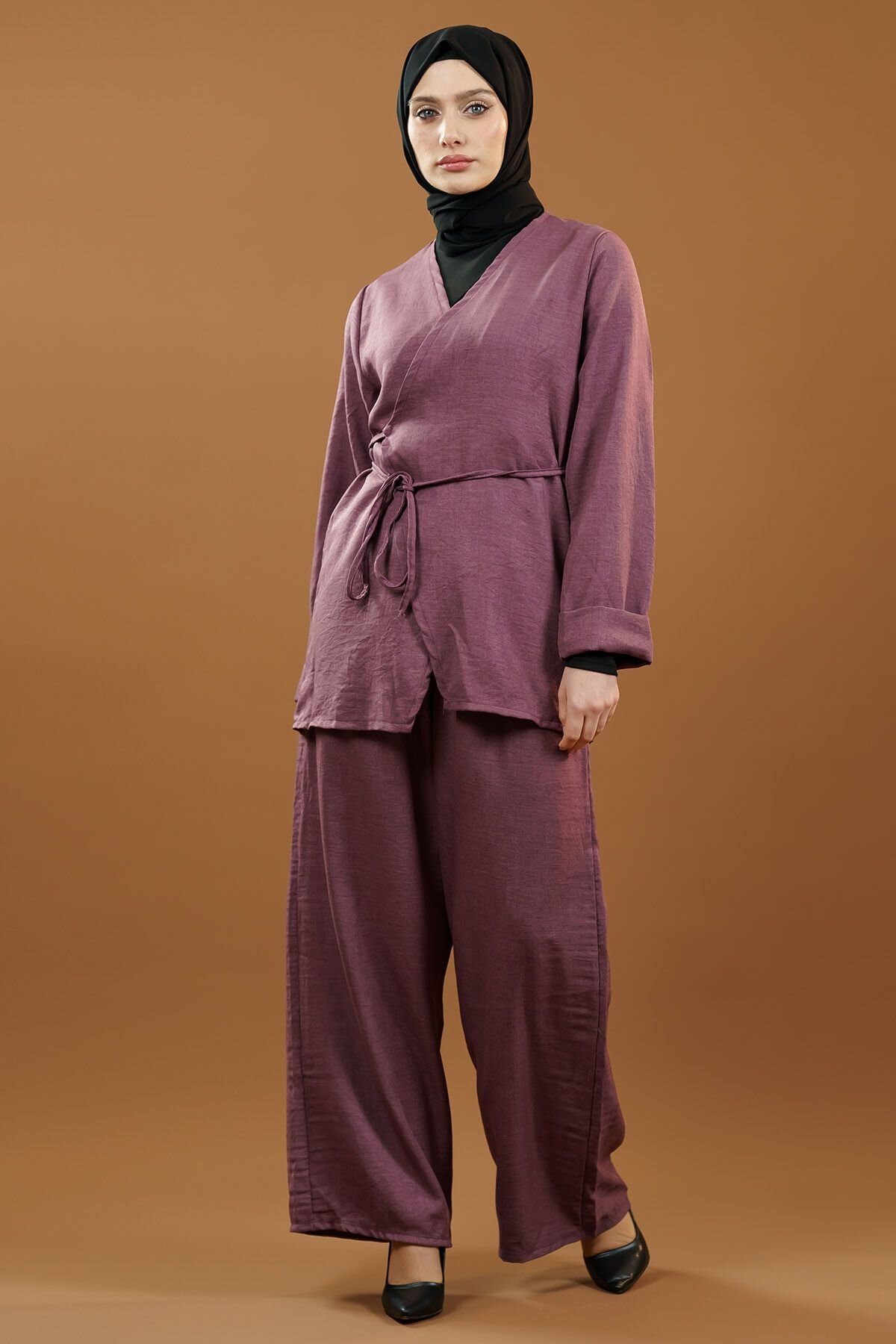 Gül Kurusu Bağlamalı Kimono İkili Tesettür Takım - Mec Fashion