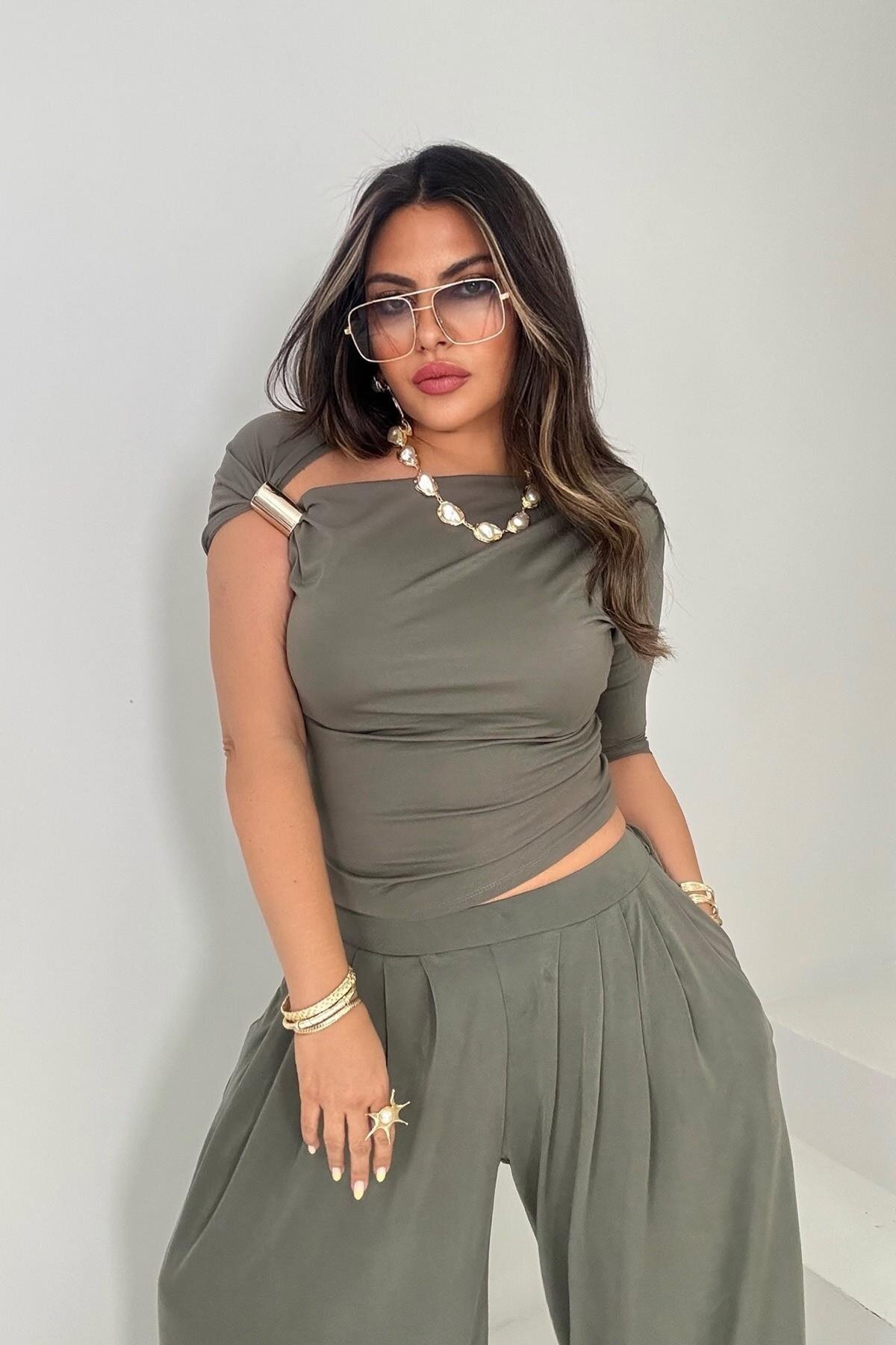 Khaki Asymmetric Shoulder Detail Blouse with Accessory - Sohotique By P