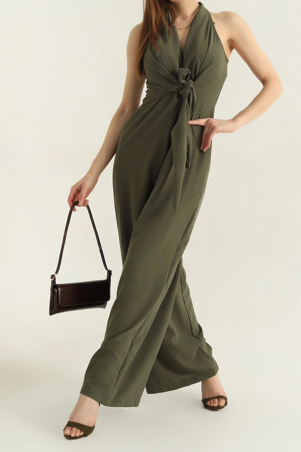 Women's Khaki Sleeveless Lycra Jumpsuit - XXL BUTİK