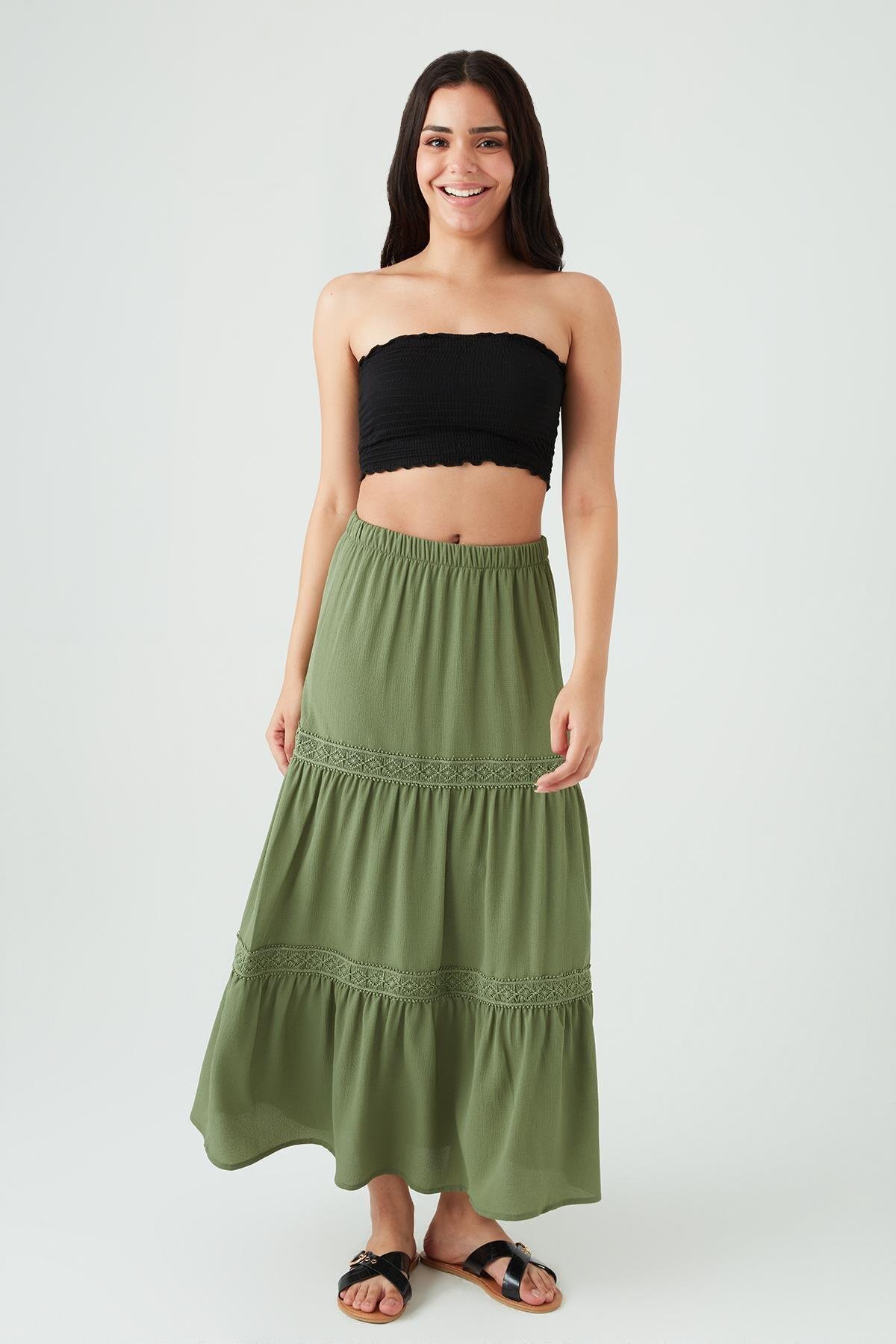 Khaki Long Lace Detailed Skirt - Select Moda