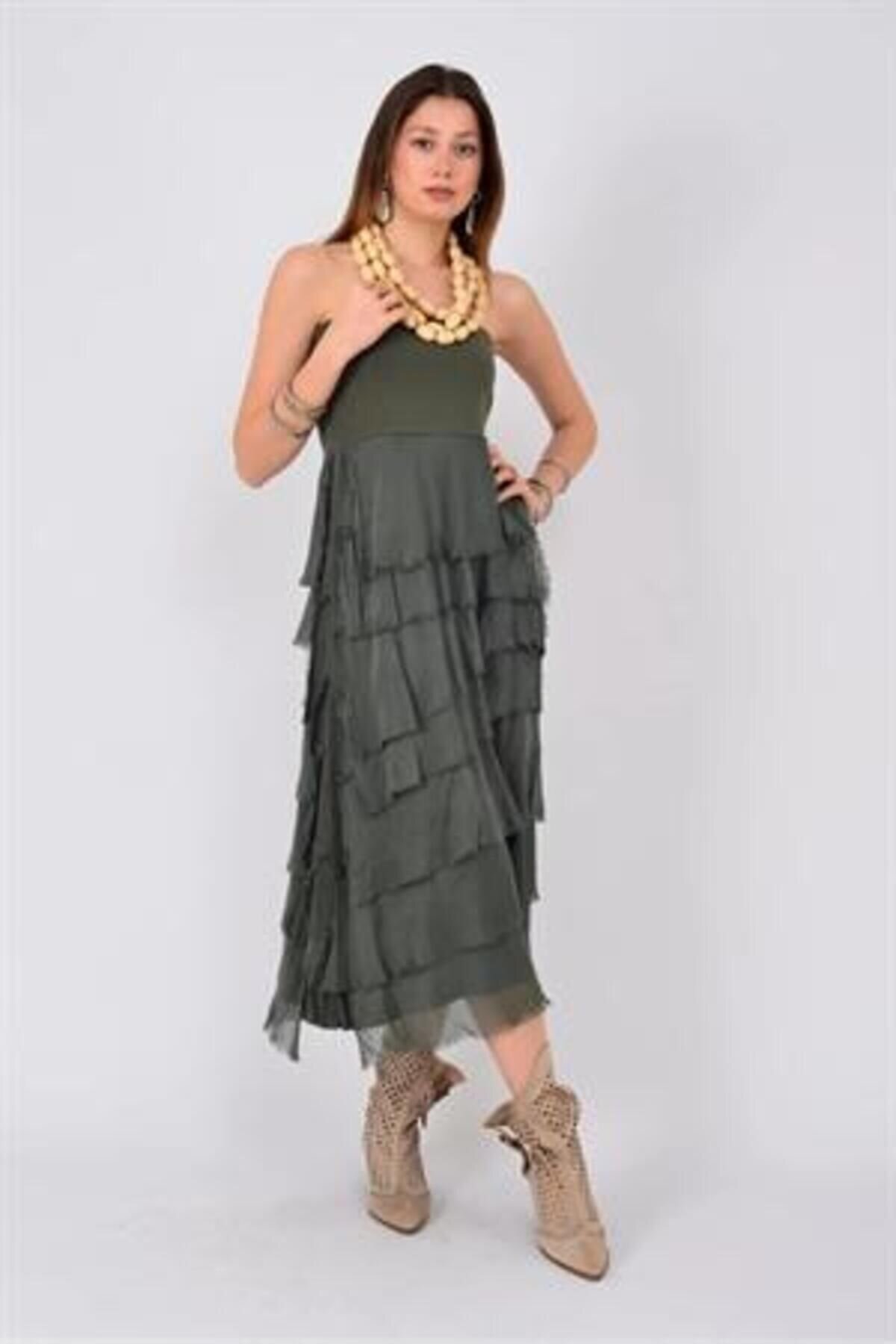 Khaki Long Italian Slimming Half-Sleeve Layered Silk Strapless Skirt Dress - EREN STYLE