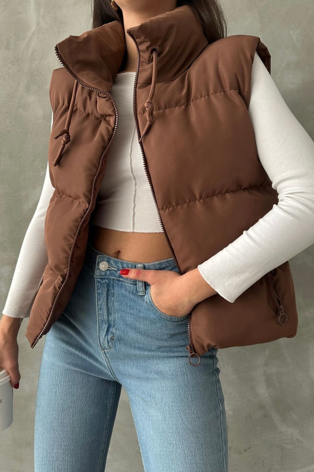 Kahve Astarlı Oversize Şişme Yelek - İLKCET MODA