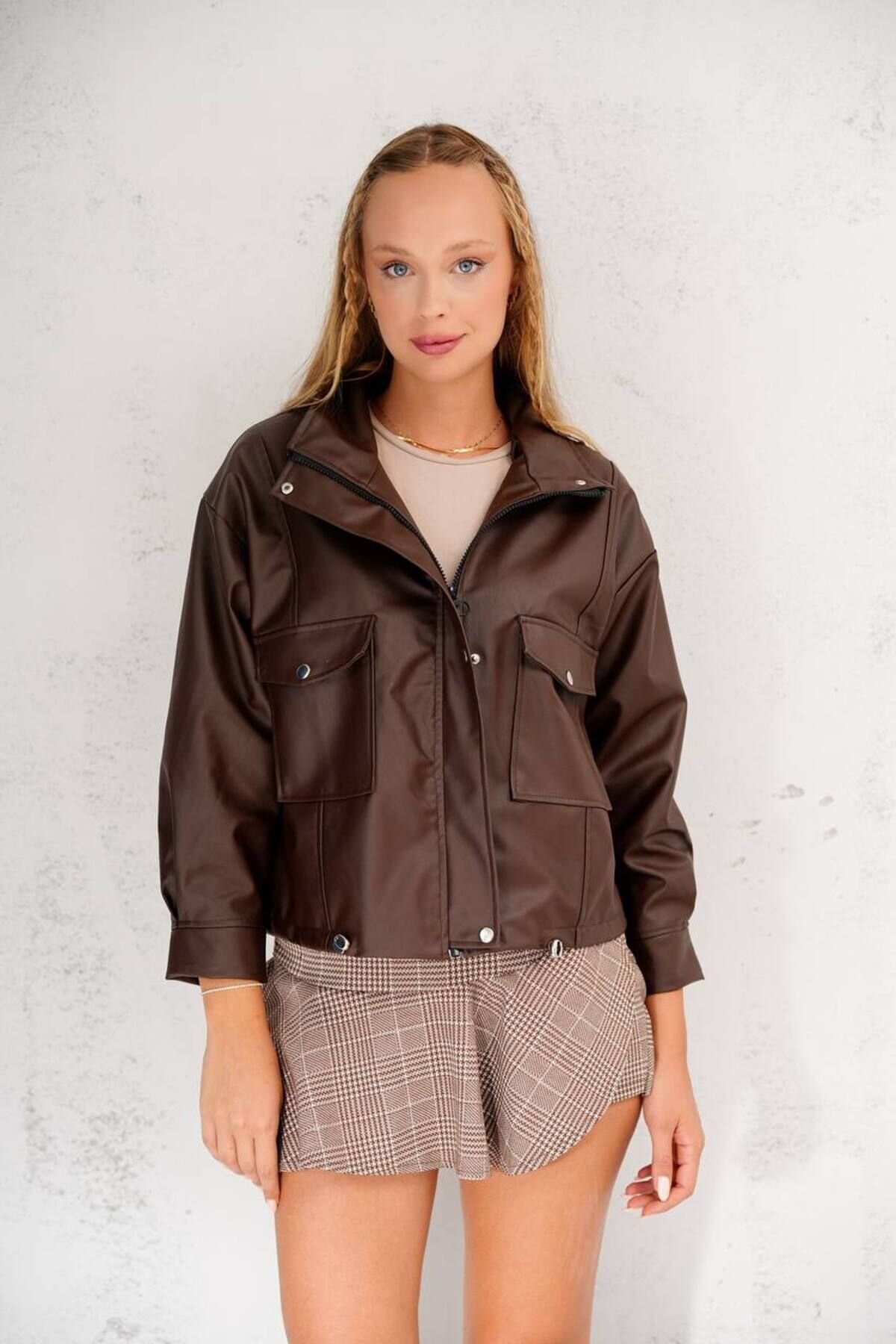 Kahve Oversize Cepli Acı Suni Deri Fermuarlı Ceket - İLKCET MODA