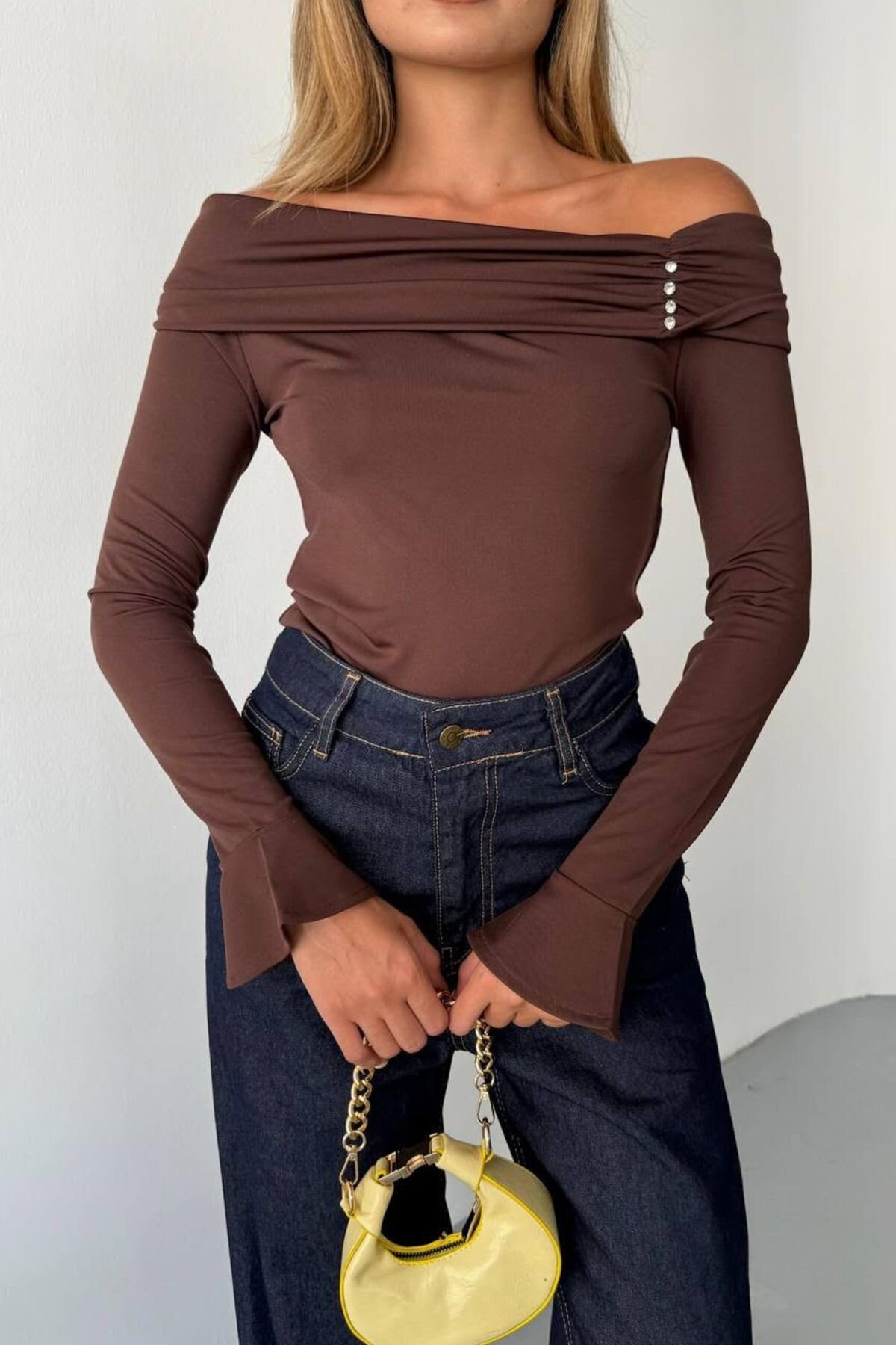 Brown Stone-Embellished Madonna Collar Scuba Fabric Blouse - İLKCET MODA