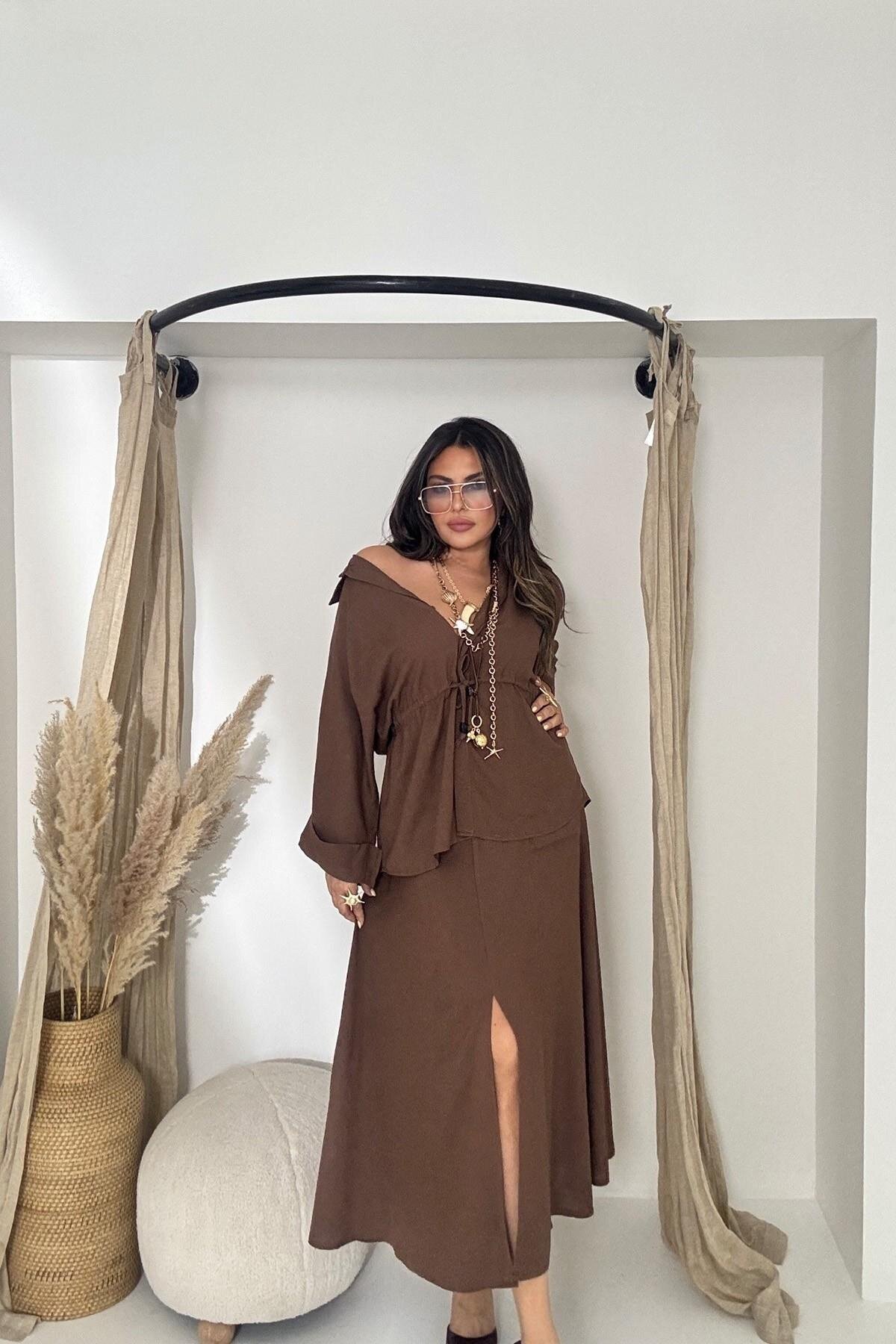 Brown Long Linen Cotton Slit Skirt - Sohotique By P