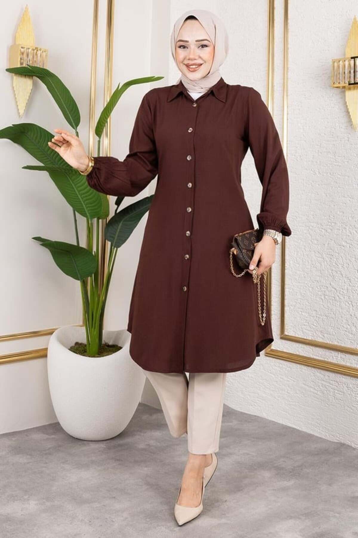 Kahverengi Manşeti Lastikli Viskon Tunik - Mec Fashion