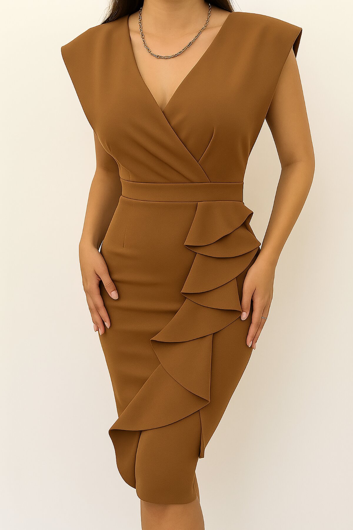 Brown Midi Scuba Off-Shoulder Ruffled Dress - Deafox