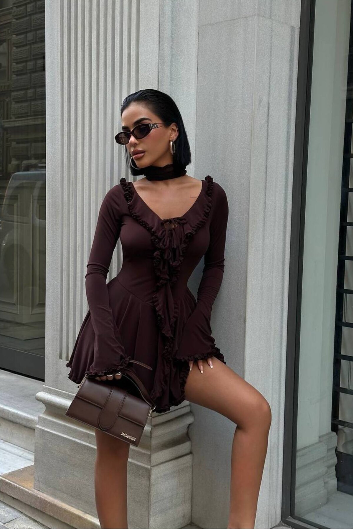 Brown Mini Ruffle Detailed Spanish Sleeve Dress - VİSKALİ