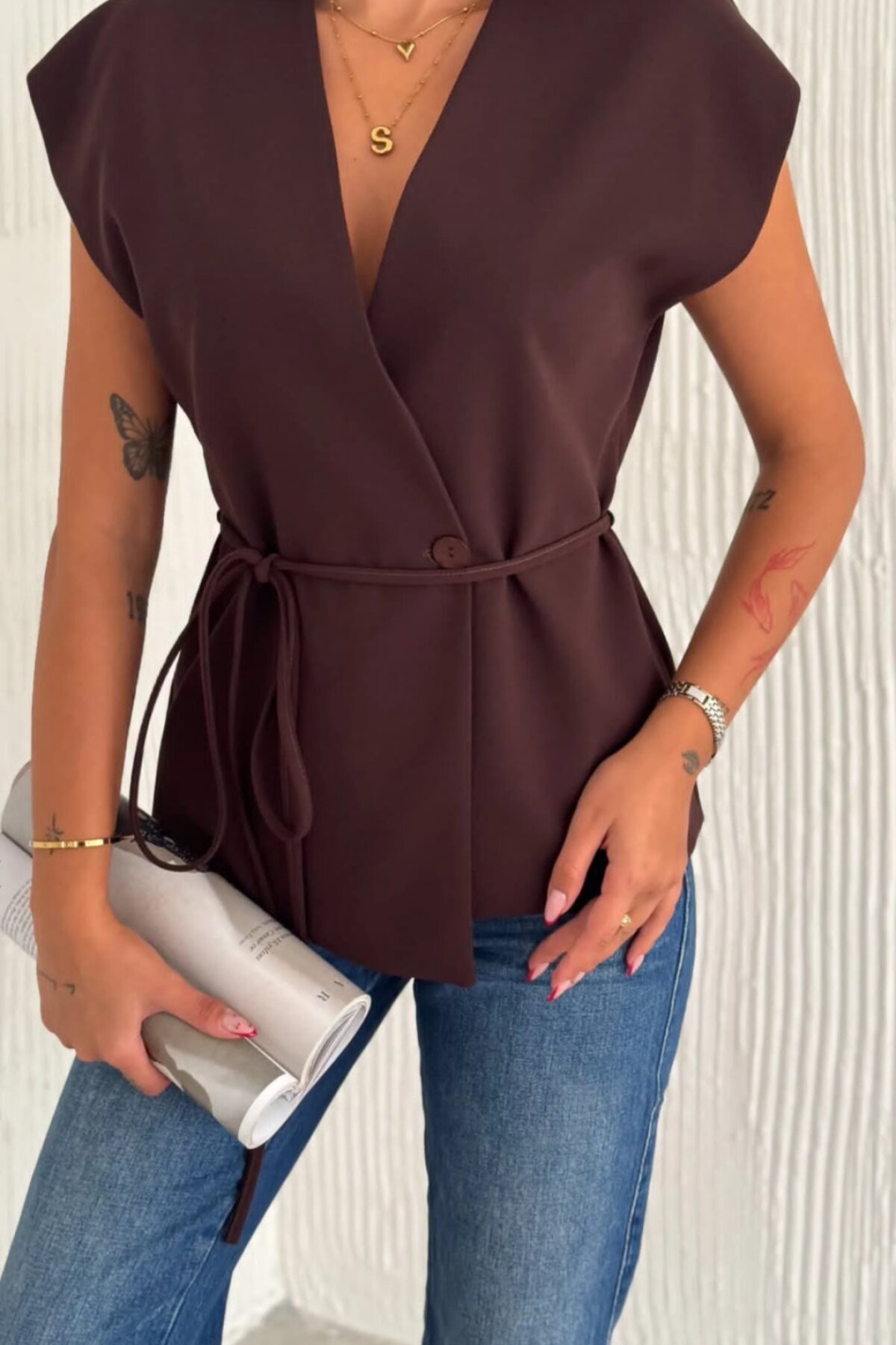 Brown Scuba Waist-Tied Vest - Özer&Hermin