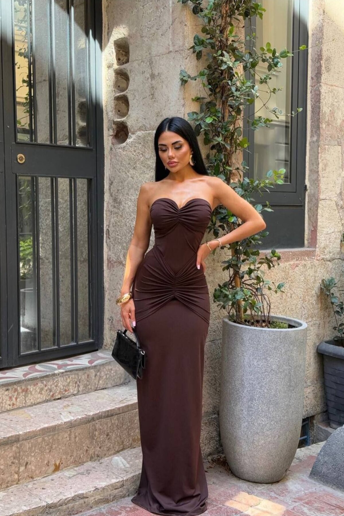 Kahverengi Uzun Gögüs Detaylı Straplez Abiye Elbise - limited black