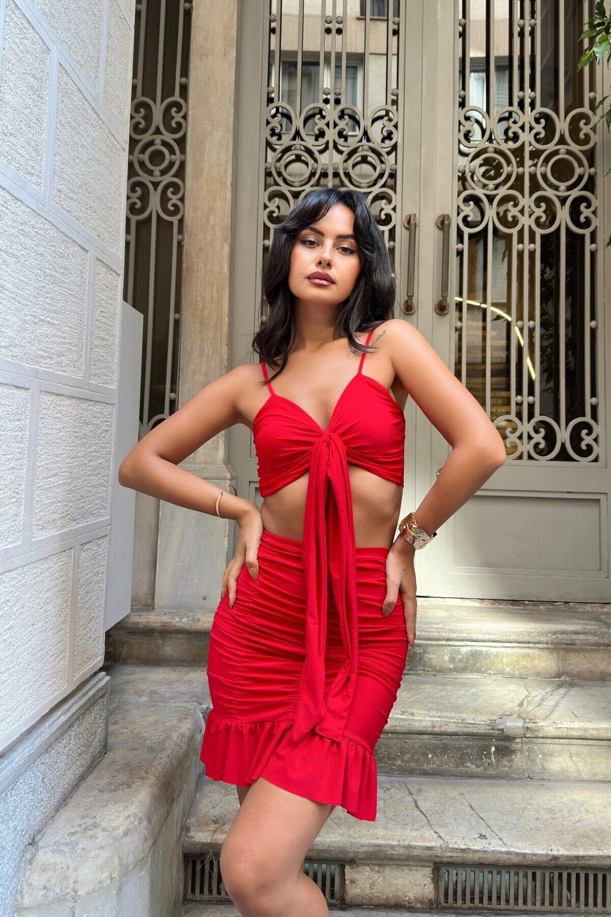 Kırmızı Askılı Fiyonklu Crop Ve Büzgülü Etek İkili Takım - Baby Xclub