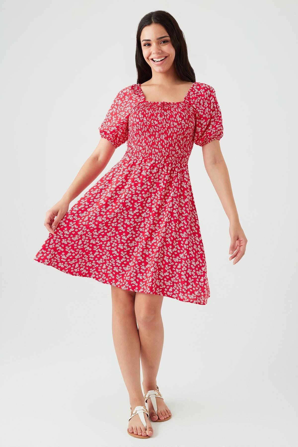 Red Mini Floral Patterned Square Neck Short Sleeve Dress - Select Moda