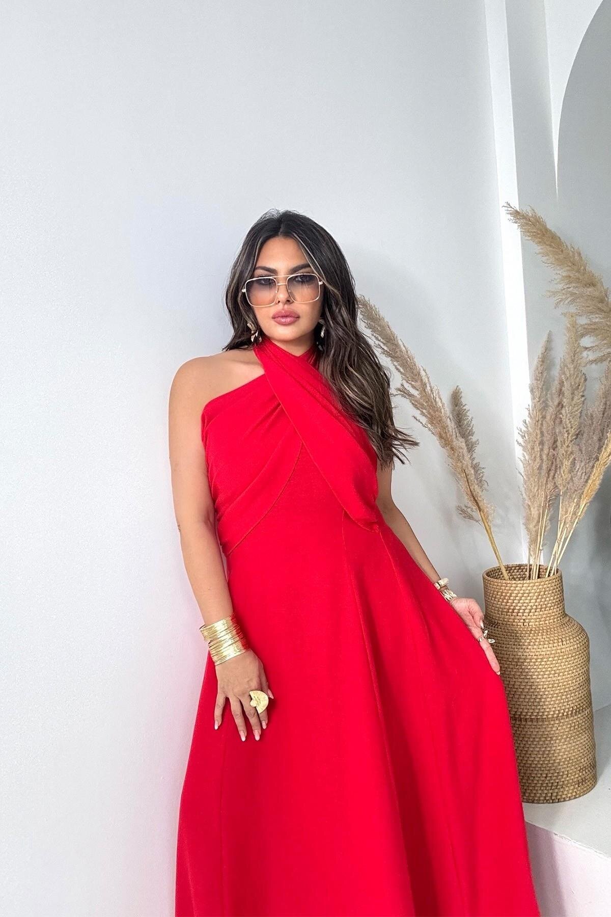 Red Long Criss-Cross Strappy Linen Dress - Sohotique By P