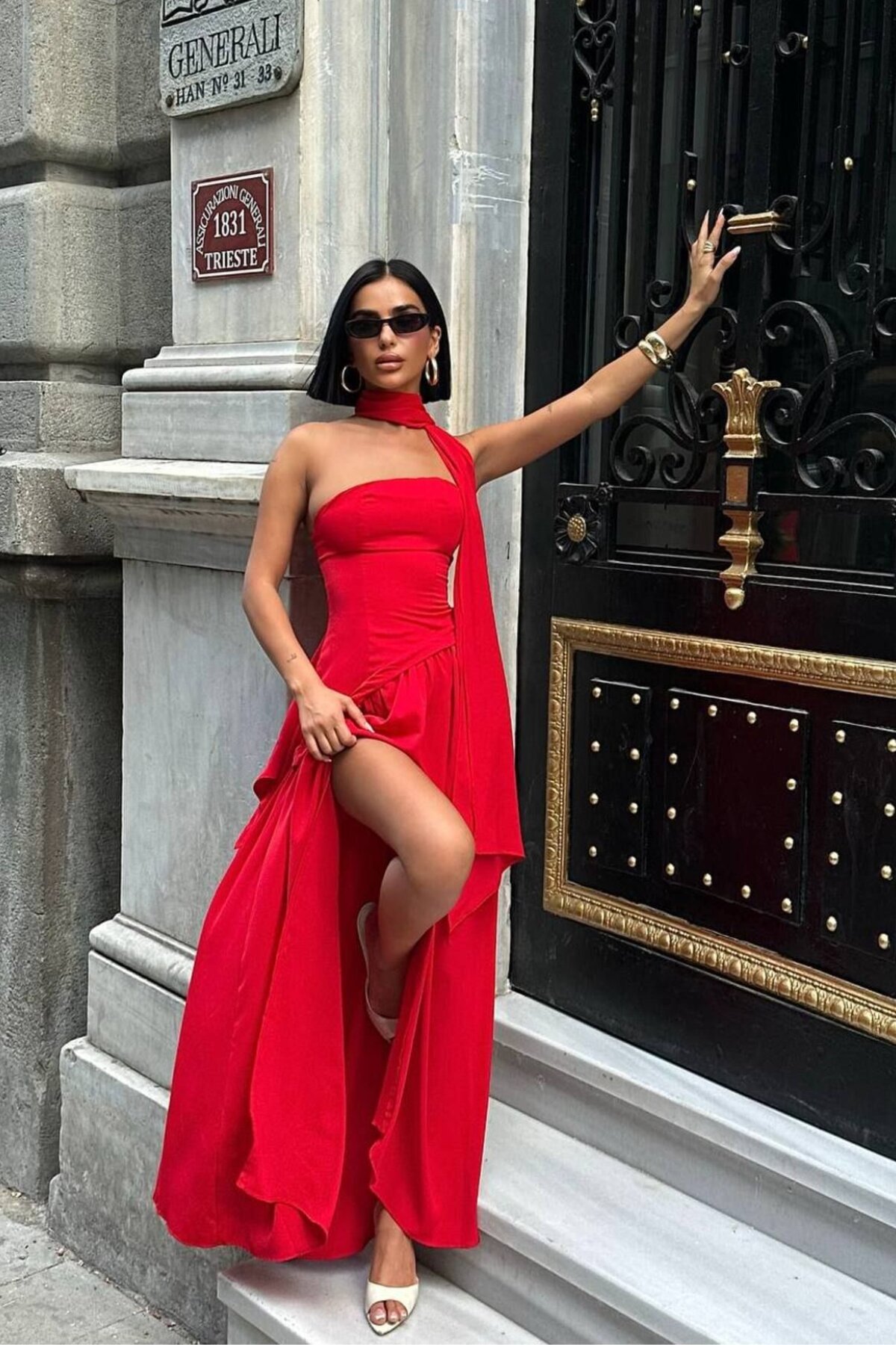 Red Long Strapless Dubai Fabric Back Tie Criss-Cross Detail Slit Evening Dress - VİSKALİ